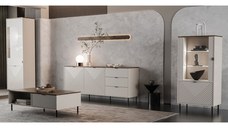 Set Living EVO, 4 piese, 2 vitrine, comoda, masuta cafea, casmir + stejar castello, 315x40x135 cm