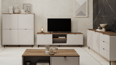 Set Living EVO, 4 piese, comoda TV, comoda, biblioteca, masuta cafea, casmir + stejar castello, 490,2x40x135,2 cm