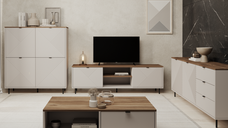 Set Living EVO, 4 piese, comoda TV, comoda, biblioteca, masuta cafea, casmir + stejar castello, 490,2x40x135,2 cm