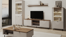 Set Living EVO, 5 piese, 2 vitrine, comoda TV, masuta cafea, raft suspendat, casmir + stejar castello, 315x40x195 cm