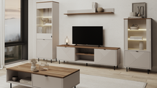 Set Living EVO, 5 piese, 2 vitrine, comoda TV, masuta cafea, raft suspendat, casmir + stejar castello, 315x40x195 cm