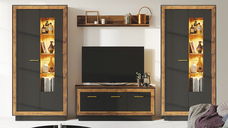 Set Living FOX, 4 corpuri, cu lumini LED, 2 x vitrina FOX2, comoda FOX4, etajera FOX6, corp eger, fronturi MDF eger + negru