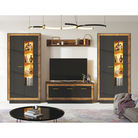 Set Living FOX, 4 corpuri, cu lumini LED, 2 x vitrina FOX2, comoda FOX4, etajera FOX6, corp eger, fronturi MDF eger + negru - 1