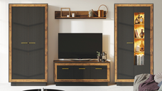 Set Living FOX, 4 corpuri, cu lumini LED, dulap FOX1, vitrina FOX2, comoda FOX4, etajera FOX6, corp eger, fronturi MDF eger + negru
