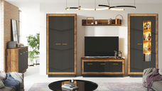 Set Living FOX, 5 corpuri, cu lumini LED, dulap FOX1, vitrina FOX2, comoda FOX4, etajera FOX6, comoda FOX12, corp eger, fronturi MDF eger + negru