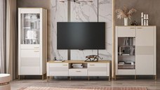 Set Living RUBEN, 3 piese, comoda TV, 2 vitrine, casmir + stejar piatra, 360x50x153 cm