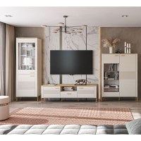Set Living RUBEN, 3 piese, comoda TV, 2 vitrine, casmir + stejar piatra, 360x50x153 cm - 1