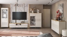 Set Living RUBEN, 4 piese, comoda TV, comoda, 2 vitrine, casmir + stejar piatra, 360x50x153 cm