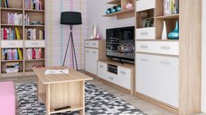 Set Living TIPS, 7 piese, comoda TV, 2 biblioteci deschise, comoda, vitrina, masuta de cafea, raft suspendat, stejar sonoma + alb