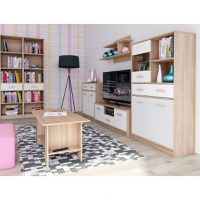 Set Living TIPS, 7 piese, comoda TV, 2 biblioteci deschise, comoda, vitrina, masuta de cafea, raft suspendat, stejar sonoma + alb - 1