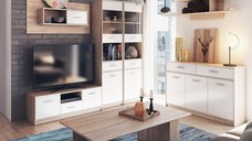 Set Living TIPS, 7 piese, comoda TV, 2 vitrine, comoda, masuta de cafea, 2 rafturi, stejar sonoma + alb