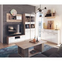Set Living TIPS, 7 piese, comoda TV, 2 vitrine, comoda, masuta de cafea, 2 rafturi, stejar sonoma + alb - 1