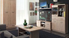 Set Living TOP MIX, 4 piese, dulap 2 usi, comoda TV, vitrina, masuta de cafea, stejar sonoma
