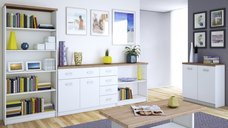 Set living TOP MIX, 5 piese, alb, 280x33x183 cm, cu 2 biblioteci, 2 comode si masuta de cafea