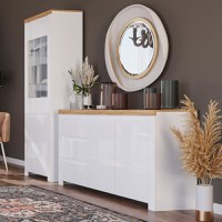 Set Living VIGO, 2 piese, comoda si vitrina, alb  + stejar wotan - 1
