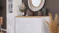 Set Living VIGO, 2 piese, comoda si vitrina, alb  + stejar wotan