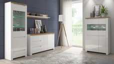 Set Living VIGO, 4 piese, 2 vitrine, comoda, raft suspendar, alb  + stejar wotan