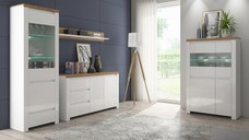 Set Living VIGO, 4 piese, 2 vitrine, comoda, raft suspendar, alb  + stejar wotan