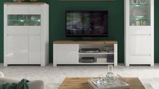 Set Living VIGO, 5 piese, comoda TV, 2 vitrine, masuta de cafea, raft suspendat, alb  + stejar wotan, 322x41,5x202 cm