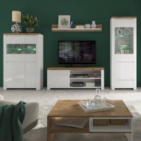Set Living VIGO, 5 piese, comoda TV, 2 vitrine, masuta de cafea, raft suspendat, alb  + stejar wotan, 322x41,5x202 cm - 1