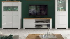 Set Living VIGO, 5 piese, comoda TV, 2 vitrine, masuta de cafea, raft suspendat, alb  + stejar wotan, 322x41,5x202 cm