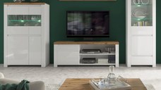 Set Living VIGO, 5 piese, comoda TV, 2 vitrine, masuta de cafea, raft suspendat, alb  + stejar wotan, 322x41,5x202 cm