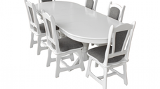 Set masa extensibila cu 6 scaune EUROPA, lemn masiv, ovala, alb, 160 240x90x70 cm