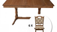 Set masa extensibila EUROPA dreptunghiulara cu 6 scaune FLANDER stofa print 07, lemn masiv, nuc, 160 240x90x70 cm