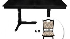 Set masa extensibila EUROPA dreptunghiulara cu 6 scaune FLANDER stofa print 07, lemn masiv, wenge, 160 240x90x70 cm