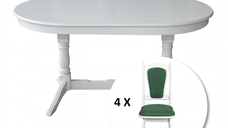 Set masa extensibila EUROPA ovala cu 4 scaune IZA stofa verde, lemn masiv, alb, 160 240x90x70 cm