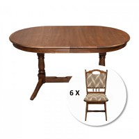 Set masa extensibila EUROPA ovala cu 6 scaune FLANDER stofa print 07, lemn masiv, nuc, 160 240x90x70 cm - 1