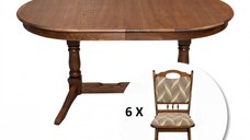Set masa extensibila EUROPA ovala cu 6 scaune FLANDER stofa print 07, lemn masiv, nuc, 160 240x90x70 cm