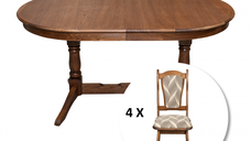 Set masa extensibila EUROPA ovala cu 6 scaune IZA stofa print 07, lemn masiv, nuc, 160 240x90x70 cm