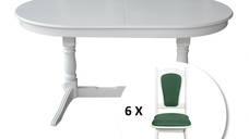 Set masa extensibila EUROPA ovala cu 6 scaune IZA stofa verde, lemn masiv, alb, 160 240x90x70 cm