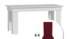 Set masa MONTILLA dreptungiulara cu 6 scaune VANESSA, alb + piele ecologica bordo, 160x80x75 cm