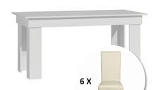 Set masa MONTILLA dreptungiulara cu 6 scaune VANESSA, alb + piele ecologica crem, 160x80x75 cm