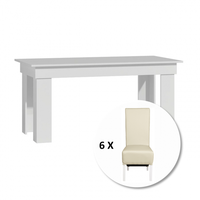 Set masa MONTILLA dreptungiulara cu 6 scaune VANESSA, alb + piele ecologica crem, 160x80x75 cm - 1