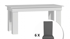 Set masa MONTILLA dreptungiulara cu 6 scaune VANESSA, alb + piele ecologica gri, 160x80x75 cm
