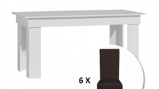 Set masa MONTILLA dreptungiulara cu 6 scaune VANESSA, alb + piele ecologica maro inchis, 160x80x75 cm