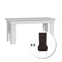 Set masa MONTILLA dreptungiulara cu 6 scaune VANESSA, alb + piele ecologica maro inchis, 160x80x75 cm - 1