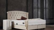 Set Pat tapitat ROSE 160x200 cm, cu saltea, somiera rabatabila si spatiu depozitare, stofa bej + 2 Noptiere BLACKBERRY cu 1 usa, stofa bej