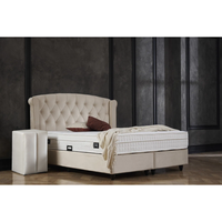 Set Pat tapitat ROSE 160x200 cm, cu saltea, somiera rabatabila si spatiu depozitare, stofa bej + 2 Noptiere BLACKBERRY cu 1 usa, stofa bej - 1