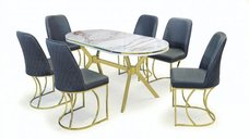 Set TIMARA, masa cu 6 scaune, ovala, 6 persoane, marmura calcutta + auriu + gri, 160x80 cm