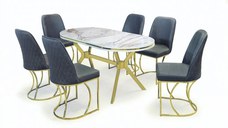 Set TIMARA, masa cu 6 scaune, ovala, 6 persoane, marmura calcutta + auriu + gri, 160x80 cm