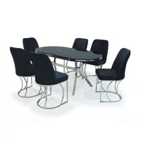 Set TIMARA, masa cu 6 scaune, ovala, 6 persoane, marmura cosmo + argintiu + negru, 160x80 cm - 1