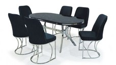 Set TIMARA, masa cu 6 scaune, ovala, 6 persoane, marmura cosmo + argintiu + negru, 160x80 cm