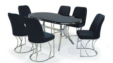 Set TIMARA, masa cu 6 scaune, ovala, 6 persoane, marmura cosmos + argintiu + negru, 160x80 cm