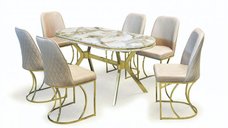 Set TIMARA, masa cu 6 scaune, ovala, 6 persoane, marmura efes + auriu + bej, 160x80 cm