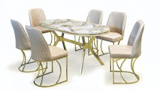 Set TIMARA, masa cu 6 scaune, ovala, 6 persoane, marmura efes + auriu + bej, 160x80 cm