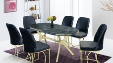 Set TIMARA, masa cu 6 scaune, ovala, 6 persoane, marmura lotus + auriu + negru, 160x80 cm